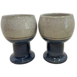Handmade Pottery Goblets With Speckled Glaze & Blue Base Set Of 2 Rustic Stonewa